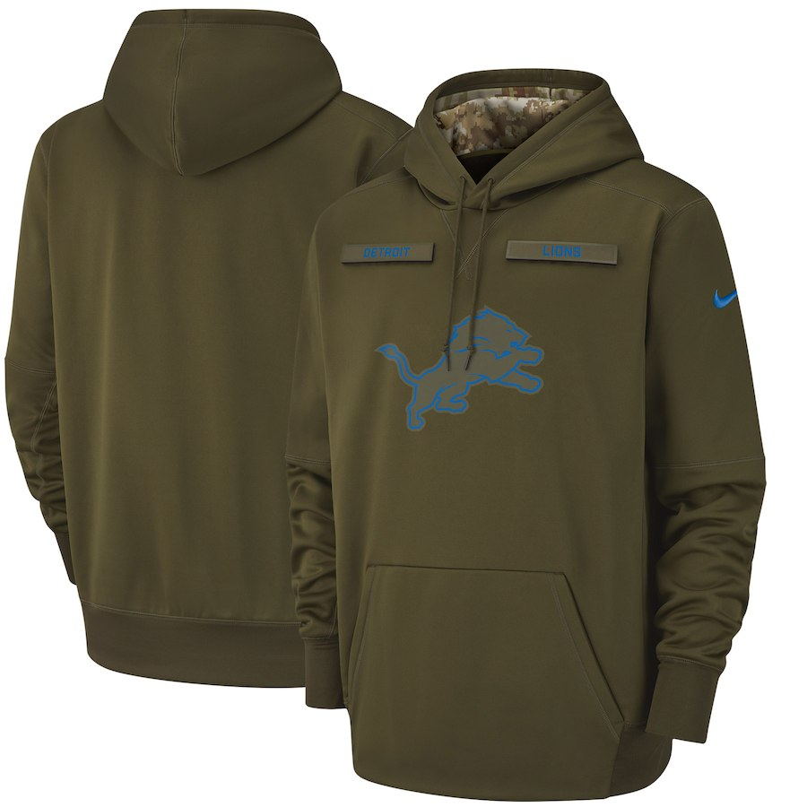 Men's Detroit Lions Olive Salute to Service Sideline Therma Performance Pullover 2018 NFL Hoodie